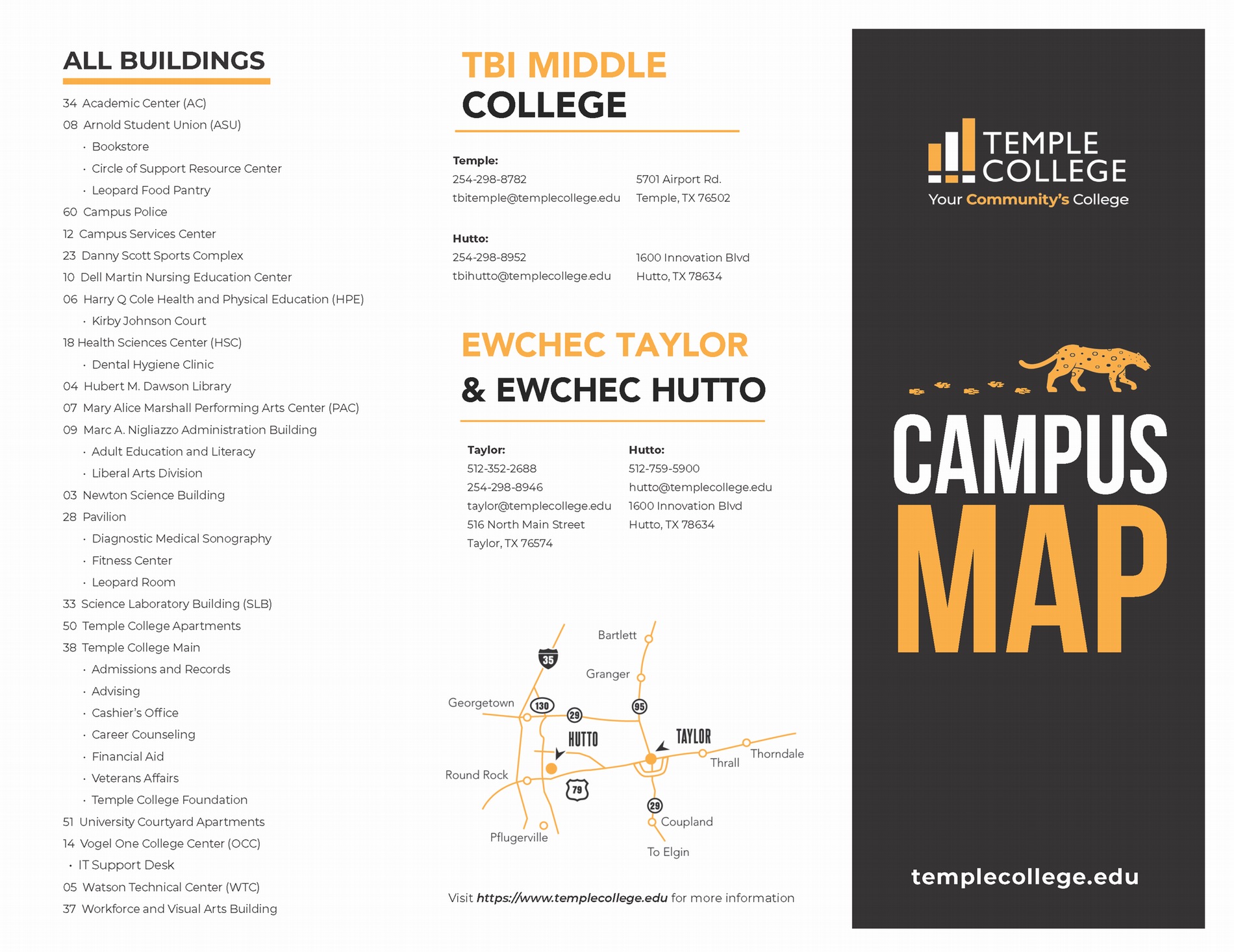 Lists the building numbers and names that are on the page 1 map. Also includes phone numbers and addresses for the Hutto and Taylor Campuses