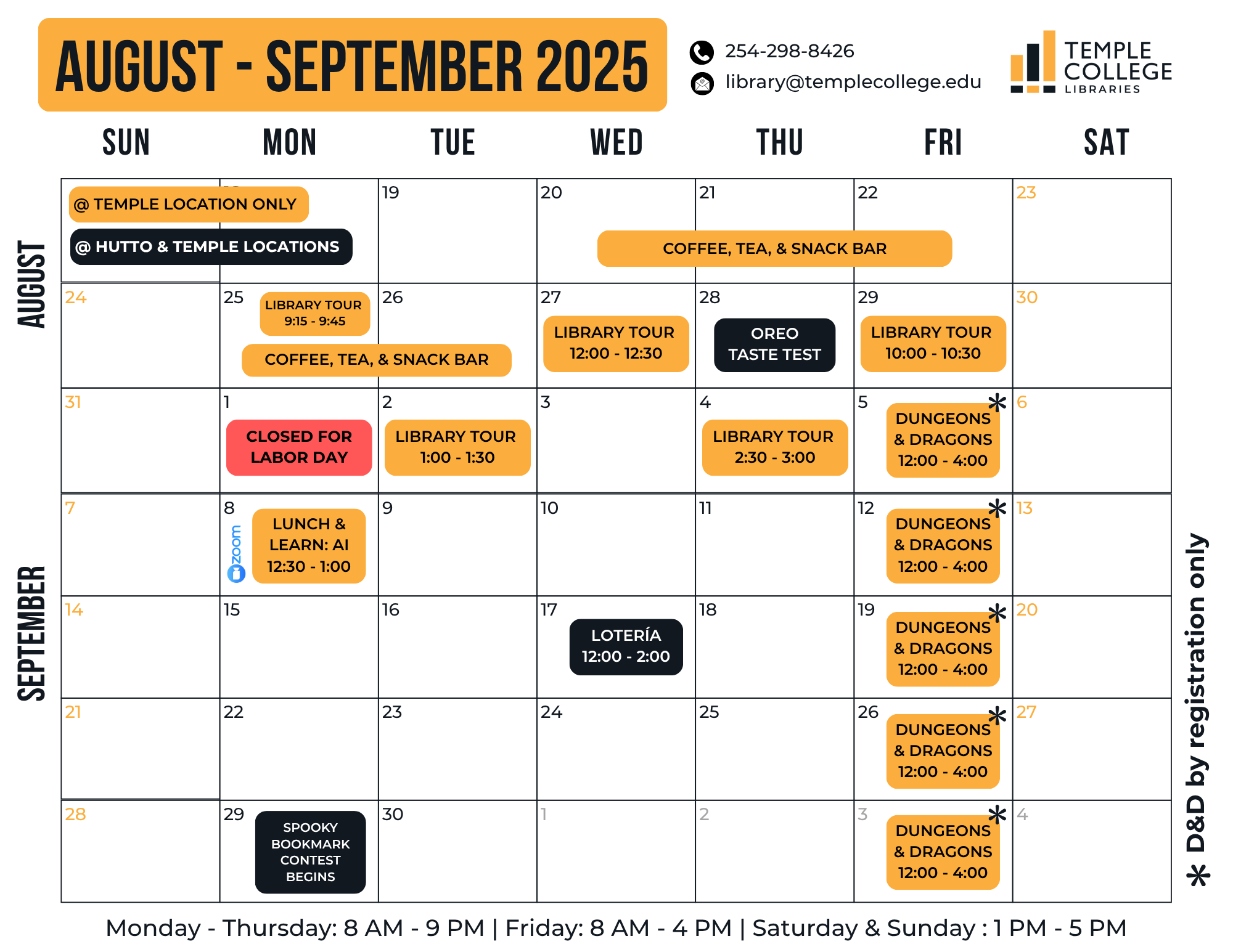 August-September 2025 Library Calendar. For screen readable version, click the image or the link below.