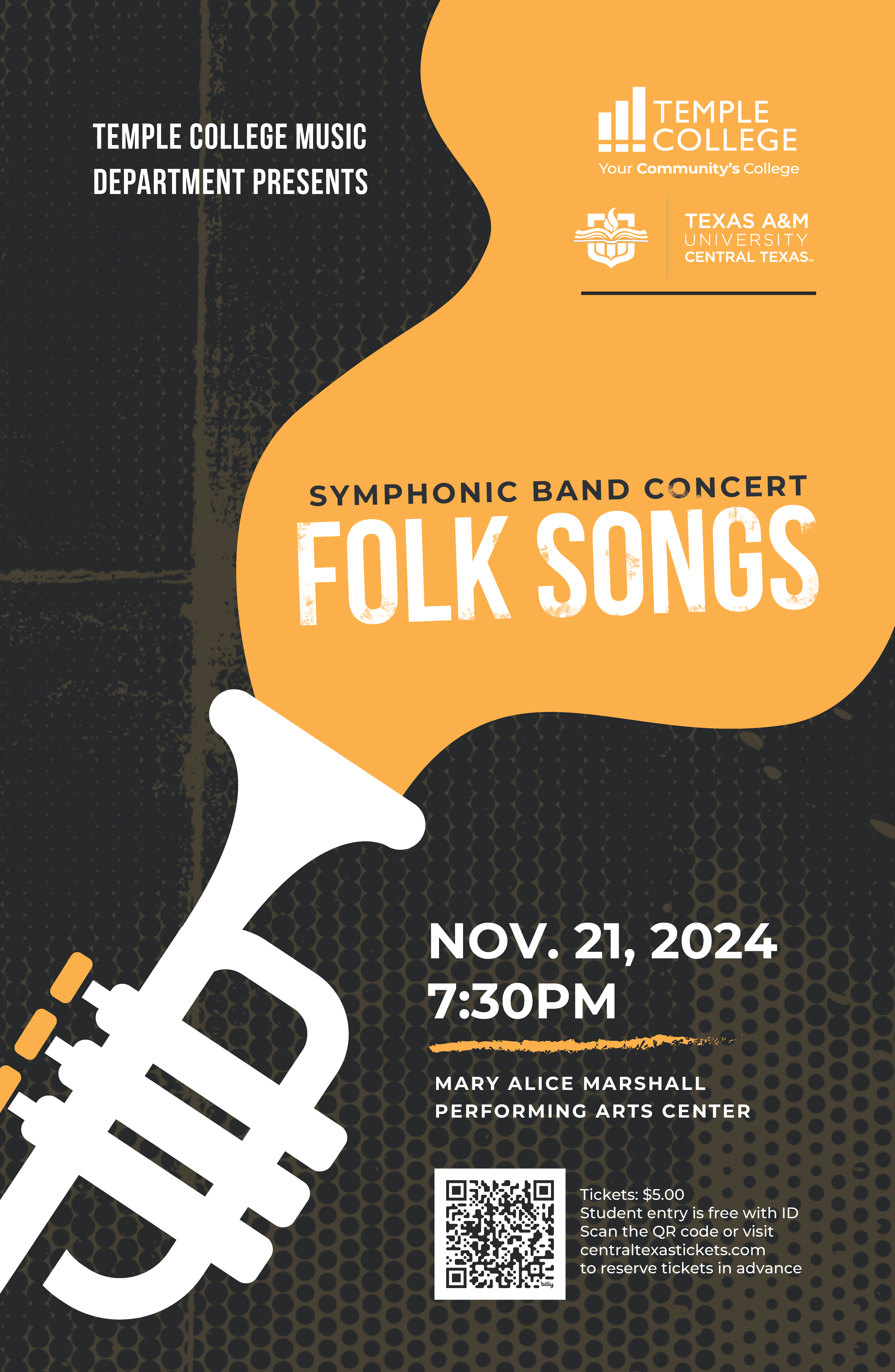 Symphonic Band Folk Concert Flyer for concert November 25, 2024 at 7:30 PM at the Performing Arts Center