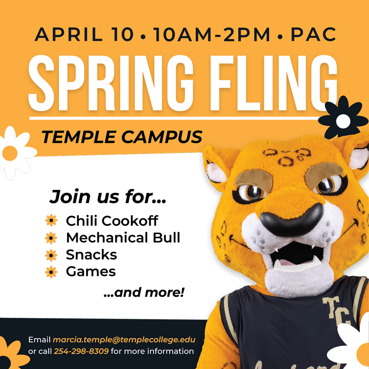 Spring Fling Temple Campus. Join us for Chili Cookoff, mechanical bull, snacks, games, and more. April 10th 10 am - 2 pm in front of the PAC building.