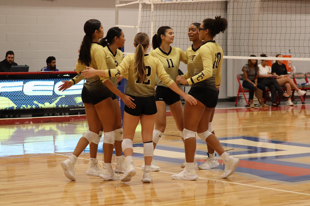 The Leopards volleyball team celebrates a point on the court.