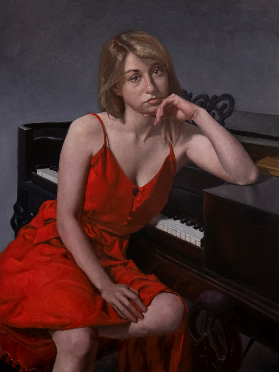 Painting of lady in red by piano