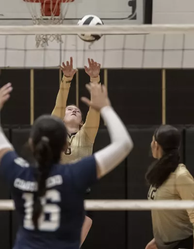 Volleyball player hitting ball