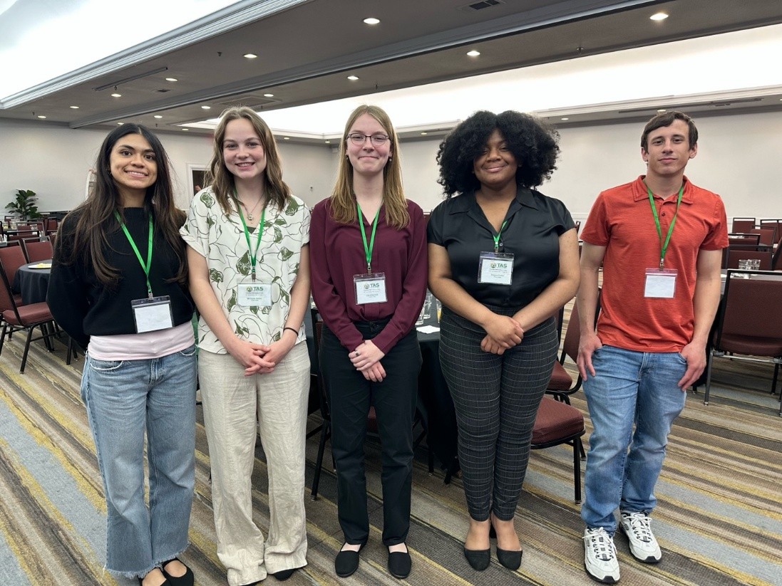 Temple College presentation award recipients at the Texas Academy of Science on the campus of the University of Texas at Tyler, Feb 27, 2026.  From left to right: Yamilex Hernandez, Michaela Stelzer, Lila O’Donnell, Ariyana Fisher, and Tyler Miller. 